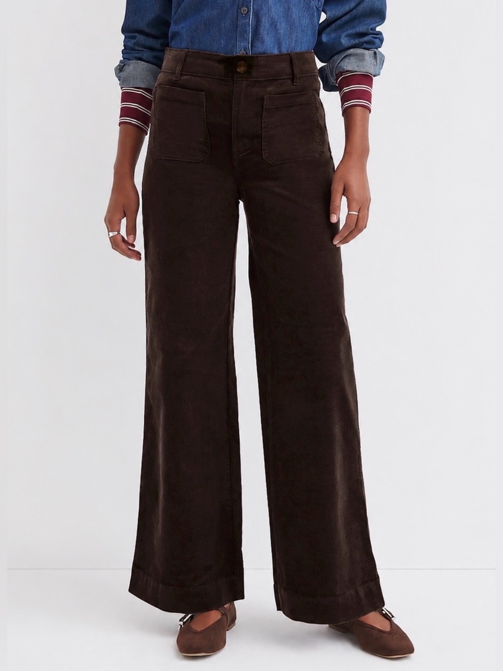 Loft The Palmer wide leg high rise dark brown corduroy front patch pockets pants